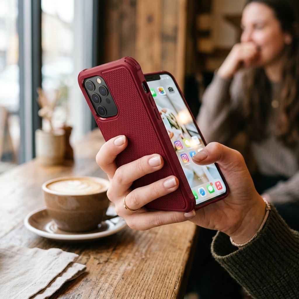 Hand holding a phone with a TrendyShield cover